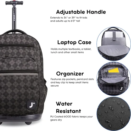 Miniatura 5 de J World Sundance Mochila Rodante para Laptop para Niñas y Niños. Mochila Escolar con Ruedas, Rombos negro, 20 pulgadas
