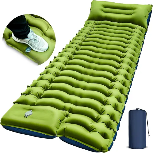 FUN PAC Colchoneta de dormir para camping, ultraligera con almohada, bomba de pie integrada, almohadillas inflables compactas para acampar, Verde