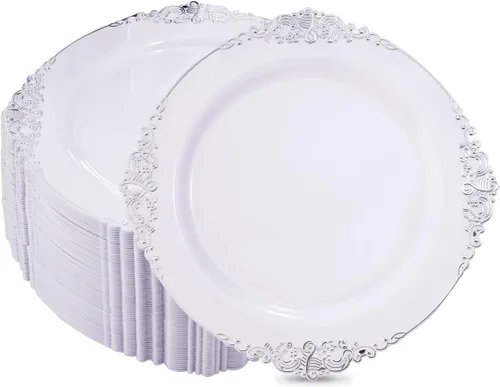 Hioasis 100 platos de plástico blanco y plateado para fiestas, platos de postre de 7.5 pulgadas, desechables, resistentes, elegantes y elegantes
