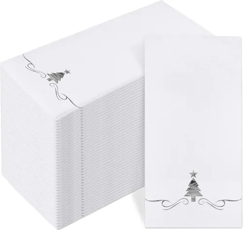 100 paquete de servilletas desechables de Navidad para invitados 12 x 17 pulgadas Árboles de Navidad de papel de aluminio plateado Toallas de mano