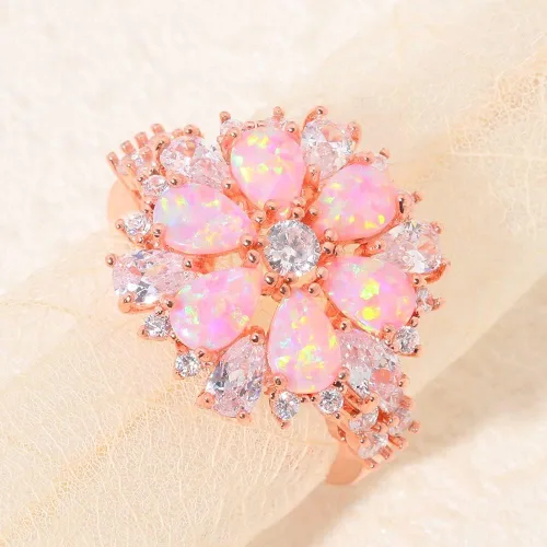 Miniatura 2 de CiNily Anillo de ópalo, chapado en oro rosa de 14 quilates, circonita cúbica de ópalo rosa, anillo de piedras preciosas para mujer, talla 5-12