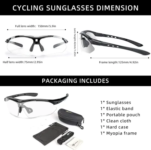 Miniatura 6 de ROCKBROS Photochromic Sports Sunglasses Mens Pickleball Glasses Cycling Glasses MTB Sunglasses, with Removable Elasctic Band