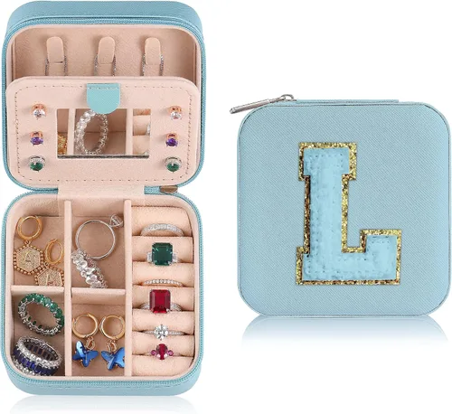 Joyero de viaje para niñas, joyero azul con inicial L, joyero de viaje para niñas, joyero para niñas, accesorios de viaje en el aeropuerto,