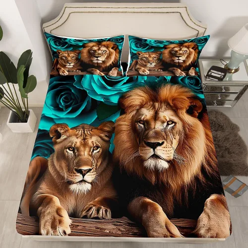 Miniatura 30 de Erosebridal Juego de sábanas bajeras de rosas rojas y leopardo, tamaño individual, diseño de animales africanos salvajes, diseño de plantas