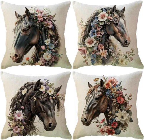 Miniatura 7 de ULOVE LOVE YOURSELF Paquete de 4 fundas de almohada de caballo con flores silvestres, fundas de almohada de caballo en acuarela rústica para Marrón