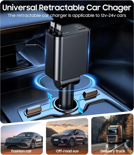 Miniatura 4 de Cargador retráctil para automóvil, cargador rápido 4 en 1, accesorios USB C para auto, camión, regalos esenciales de viaje para mujeres y hombres