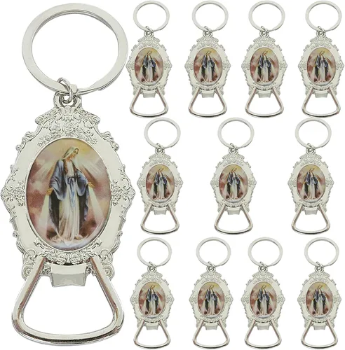 Nuestra Señora de Gracia Llavero Abrebotellas (12 piezas) Virgen Milagrosa Llaveros Memoria Regalo Religioso Aniversario Iglesia Evento, plateado