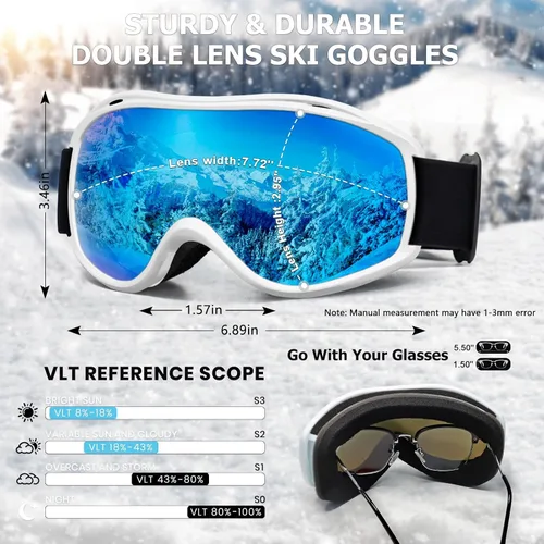 Miniatura 3 de FMY Gafas de esquí y snowboard OTG, protección UV400, anti niebla, gafas de esquí para motos de nieve para hombres, mujeres y jóvenes Marco blanco