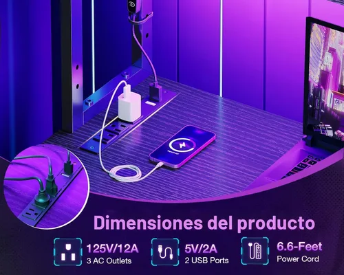 Miniatura 6 de ODK - Escritorio en forma de L de 53 pulgadas con iluminación LED, escritorio reversible para juegos con enchufes de alimentación, mesa de esquina