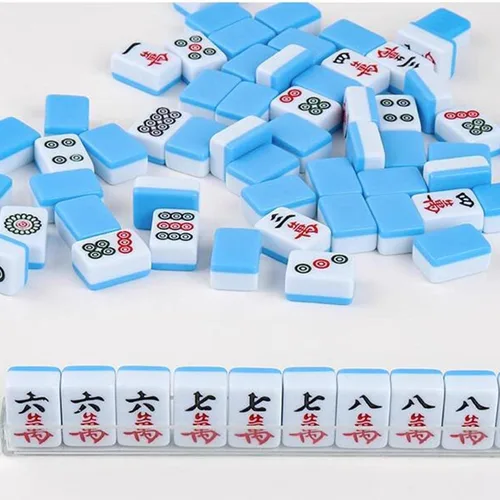 Miniatura 3 de Mahjong de 144 azulejos, mini juego de mahjong, juego de mahjong chino profesional, mini mahjong de viaje para viajes, azul