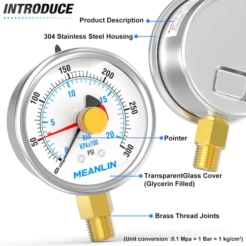 Miniatura 4 de MEANLIN MEASURE 0~300 PSI Manómetro de Presión de Acero Inoxidable 1/4" NPT con Esfera Frontal de 2.5", Puntero de Reinicio, Relleno de Líquido, WOG