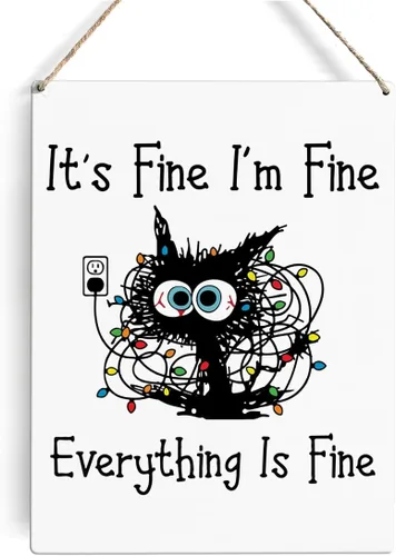 GUDIAO Letrero colgante de madera con diseño de gato positivo "It's Fine Positive Cat", arte de pared de madera rústica para sala de estar,