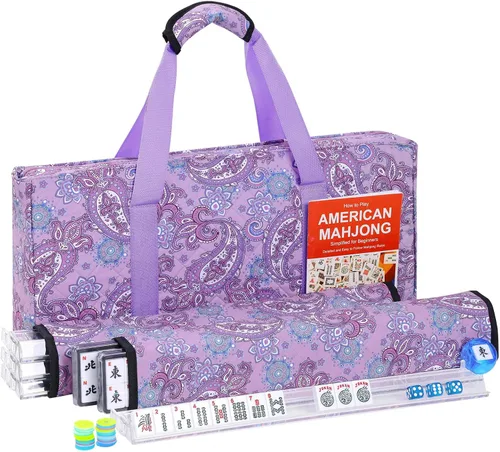 Miniatura 12 de Juego de Mahjong Americano GUSTARIA, 166 fichas blancas de calidad, 4 estantes/empujadores de color todo en uno, juego completo de fichas de Mahjong