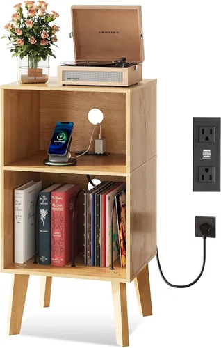 Miniatura 7 de WLIVE - Soporte para tocadiscos con estación de carga, moderna mesita de noche con almacenamiento, mesita de noche de espacio pequeño, mesa auxiliar
