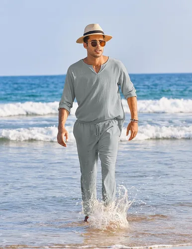 Miniatura 2 de COOFANDY Conjunto de 2 piezas de algodón y lino para hombre, camisa Henley de manga larga y pantalones casuales de playa, trajes de yoga de verano