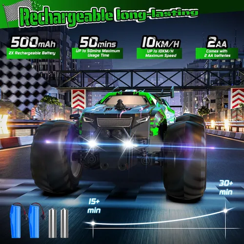 Miniatura 8 de Coche de Control Remoto, Coche de Control Remoto Todo Terreno para Niños, Camión RC Recargable con LED, 1:20, 10KM/H, 2 Motores, 2.4GHZ, Velocidad