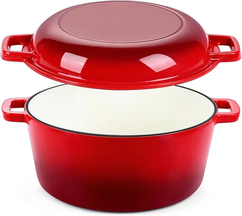 P&P CHEF Olla de horno holandés de 5 cuartos de galón para hornear pan (Rojo), juego de olla y sartén de hierro fundido redondo con tapa 2 en 1,