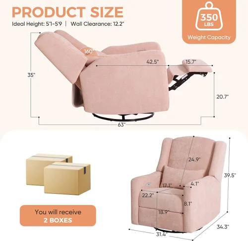 Miniatura 2 de Silla reclinable eléctrica giratoria, planeador grande para guardería con puerto de carga USB, mecedora tapizada de felpilla para dormitorio
