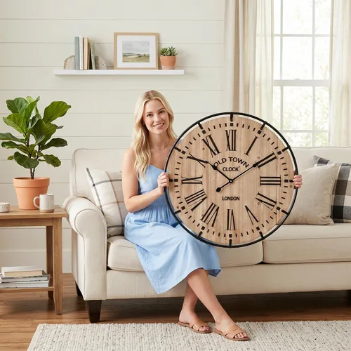Miniatura 8 de EMAX HOME Reloj de pared grande de granja de 20 pulgadas, cara de grano de madera envejecida negra rústica con números romanos blancos, movimiento
