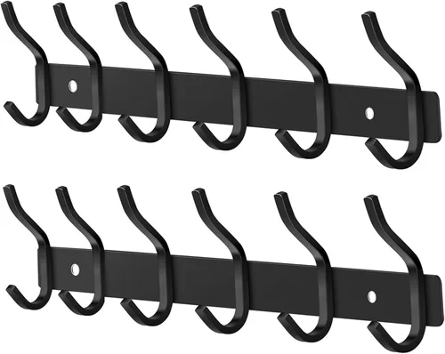 Miniatura 25 de Ganchos de pared negros, perchero de pared de 30 cm con 4 ganchos, ganchos de pared resistentes para colgar mochila, bolso, cartera, ropa, sombrero