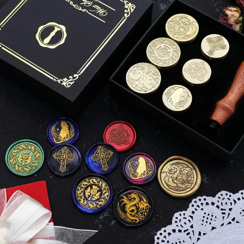 Miniatura 5 de SWANGSA Juego de Sellos de Cera Célticos en Caja de Regalo, 6 Cabezales de Sellado Vintage + 1 Mango de Madera, Kit de Sellos de Cera