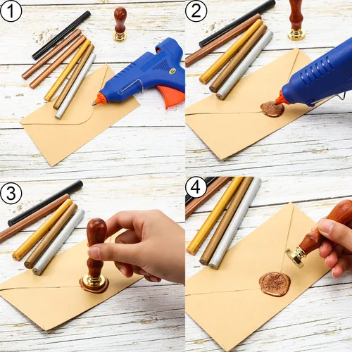 Miniatura 6 de Nuanchu 15 varillas de cera para sellado de pistola de pegamento para sello de cera retro vintage y letras, ideal para invitaciones de boda, sobres