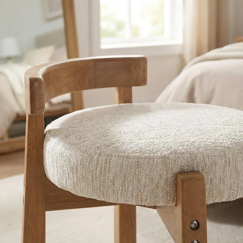 Miniatura 3 de DUOMAY Taburete de tocador de felpilla beige con respaldo bajo, altura del asiento de 18.75 pulgadas, otomana redonda tapizada, patas de goma
