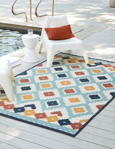 Miniatura 7 de Unique Loom Belize Outdoor Collection - Alfombra Sarstoon (2 x 8 pies, color marfil/azul claro)