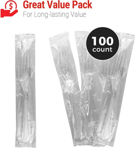 Miniatura 2 de 2 tenedores de plástico transparente resistentes envueltos individualmente, 100 unidades, resistentes como cubiertos, perfectos para catering