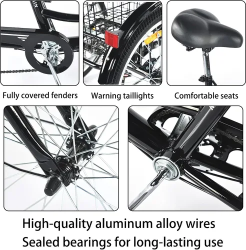 Miniatura 6 de Triciclo para adultos de 7 velocidades, bicicletas de 3 ruedas con asiento trasero, triciclo para adultos de 20/24 pulgadas, ruedas bajas con cesta