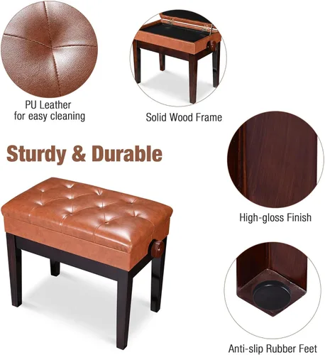 Miniatura 7 de AW Banco de piano ajustable con almacenamiento de madera marrón, taburete para teclado, asiento de cuero, silla Paino para piano, tienda de música