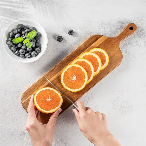 Miniatura 5 de Tabla de cortar de madera con asa, tabla larga de acacia para servir quesos de madera, tablas de charcutería, tabla de madera para alimentos, pan