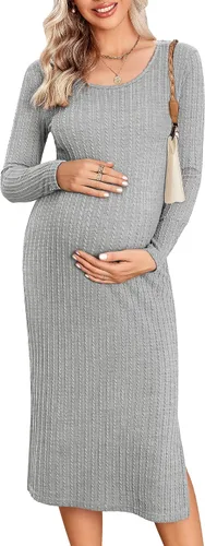 Ekouaer Maternity Dress Rib Knit Long Sleeve Side Slit Bodycon Dresses Pregnancy Baby Shower Clothes S-XXL