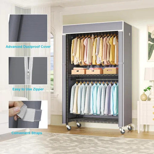 Miniatura 3 de FUTASSI Perchero negro con cubierta gris, armarios con ruedas P1C, perchero de metal para colgar ropa, armario de almacenamiento de ropa, 36.2