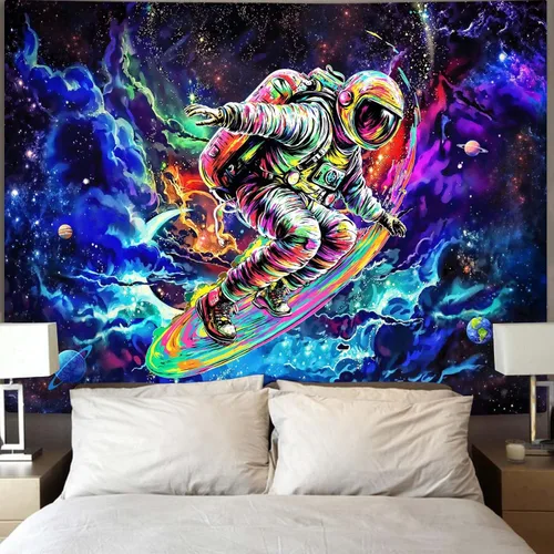Miniatura 3 de kampdream Tapiz de astronauta de surf espacial, colgante de pared de arte cósmico y galaxia planetaria, póster de decoración genial
