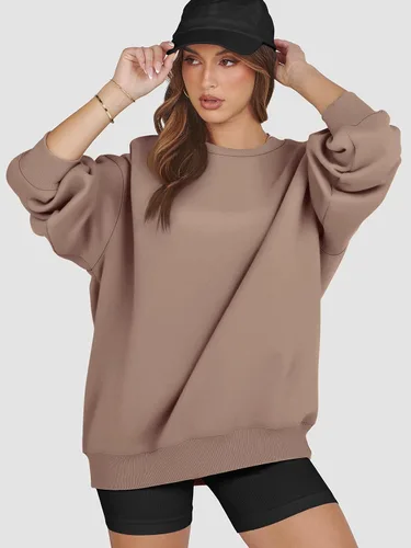 Miniatura 4 de ATHMILE Sudadera de gran tamaño para mujer, cuello redondo, forro polar, manga larga, sudaderas con capucha, tops de otoño, ropa de moda 2025