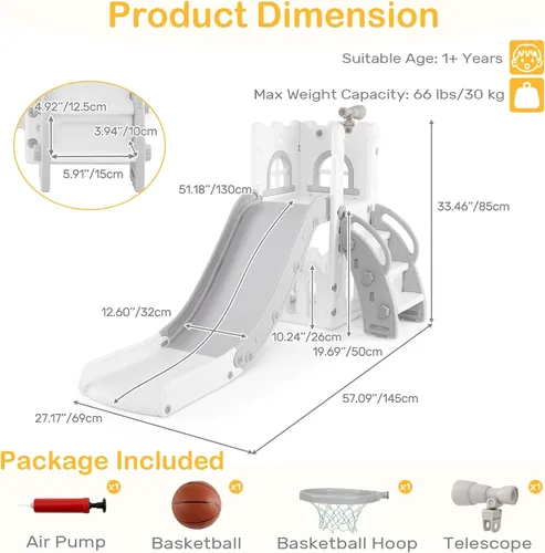 Miniatura 7 de OLAKIDS Tobogán para niños pequeños, 6 en 1 para interiores y exteriores, con aro de baloncesto, telescopio, almacenamiento de juguetes para niños