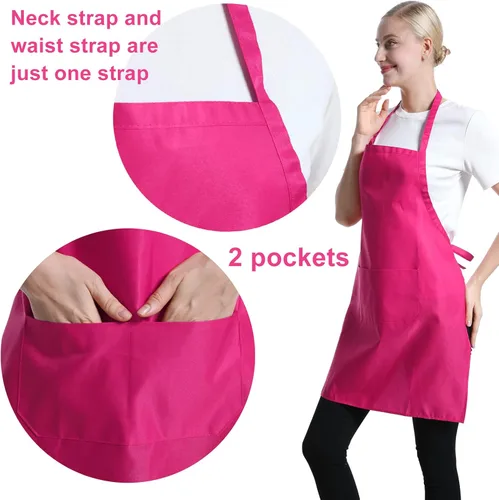 Miniatura 2 de 12 delantales con babero a granel color rosa intenso para mujeres, hombres, adultos y niñas, unisex con 2 bolsillos, delantal para hornear cocina
