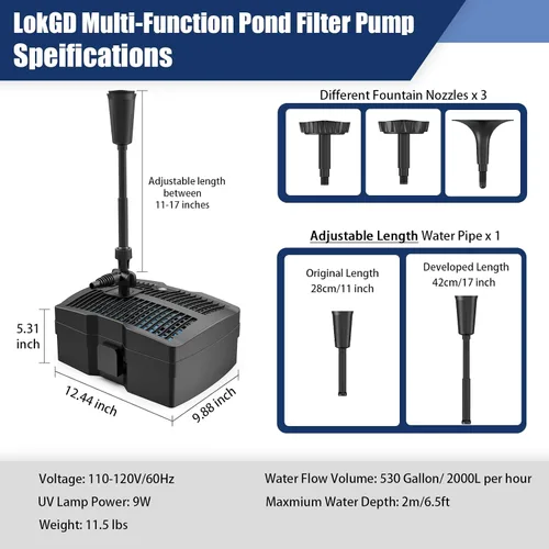 Miniatura 6 de Bomba de filtro de estanque de 530 GPH, kits de bomba de fuente sumergible con filtro, bomba de agua integrada y lámpara de 9 W para estanques al