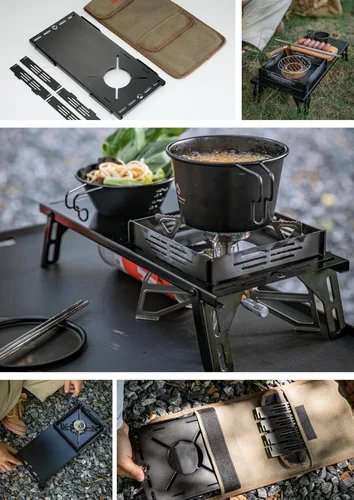 Miniatura 6 de CAMPINGMOON - Mesa de campamento individual pequeña con escudo térmico de acero inoxidable, ligera, compacta con bolsa de almacenamiento para estufa