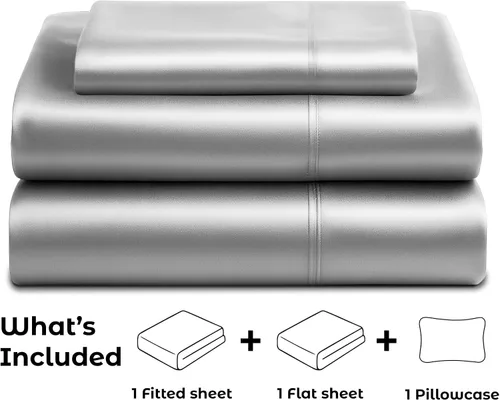 Miniatura 4 de Pure Bedding Sábanas de satén individuales [3 piezas, plateadas] Juego de sábanas sedosas de lujo para hotel, juego de sábanas de microfibra extra