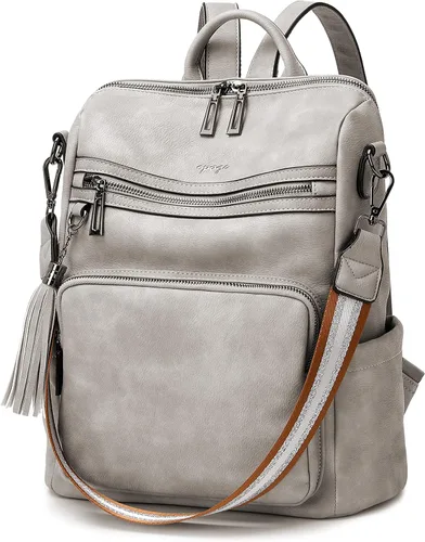 OPAGE - Mochila de cuero para mujer, con borla de moda, bolso de hombro, mochila grande, bolsa de viaje, gris, L