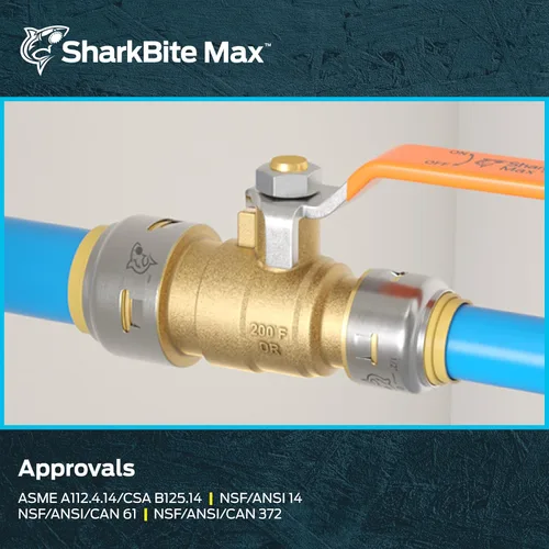 Miniatura 6 de SharkBite Max 3/4 x 1/2 en PTC, válvula de bola reductora, conexión de fontanería de cierre de agua de latón de empuje para conectar, UR22973