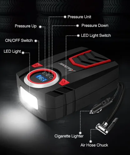 Miniatura 6 de AVID POWER Inflador de Neumáticos de 12V Compresor de Aire Portátil, Bomba de Aire Portátil para Automóvil con Medidor de Pantalla y Luz LED, Bomba