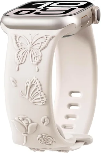 Miniatura 13 de Melyis Correa deportiva de silicona suave grabada con diseño floral y mariposa compatible con Apple Watch de 1.575 pulgadas, 1.614 pulgadas, 1.496