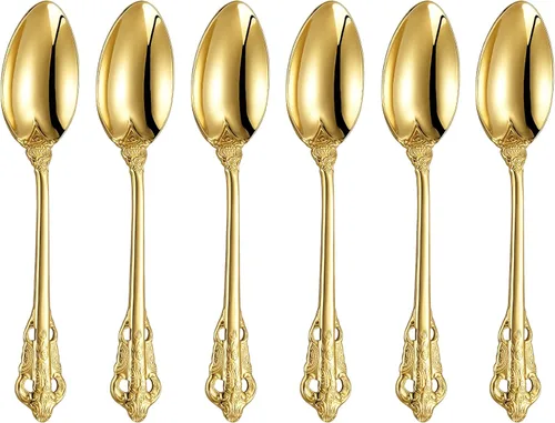 KEAWELL Lujoso juego de cucharas de espresso de 5.1 pulgadas, 6 piezas, mini cuchara de café, acero inoxidable 18/10, diseño magnífico con Dorado