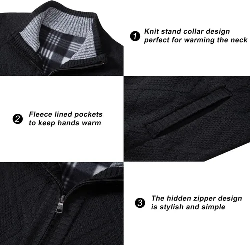 Miniatura 55 de VtuAOL Suéteres tipo cárdigan para hombre, con cremallera completa, cuello alto, cárdigan de punto casual con bolsillos