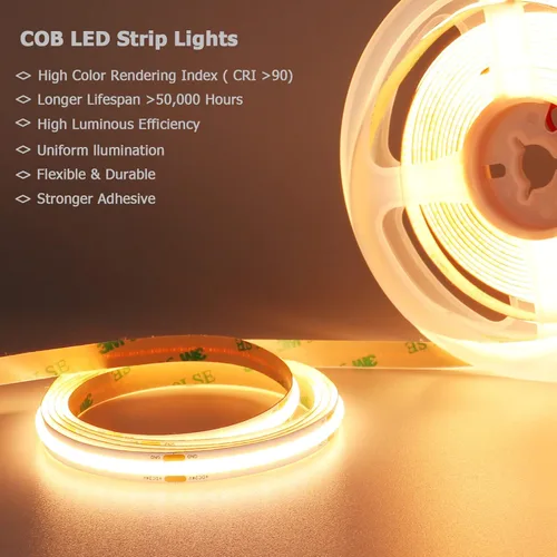 Miniatura 8 de Tira de Luces LED COB de 24V Blanco Cálido 3000K 5M/16.4ft 2400LEDs 4500Lm Brillo Uniforme CRI 93+ Flexible IP20 No Impermeable Luces de Cinta LED