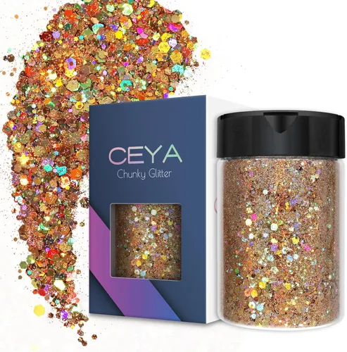 Miniatura 8 de Ceya Brillantina gruesa holográfica, 1 libra/16 onzas, oro diamante a granel, purpurina mixta gruesa y fina embotellada con lentejuelas metálicas