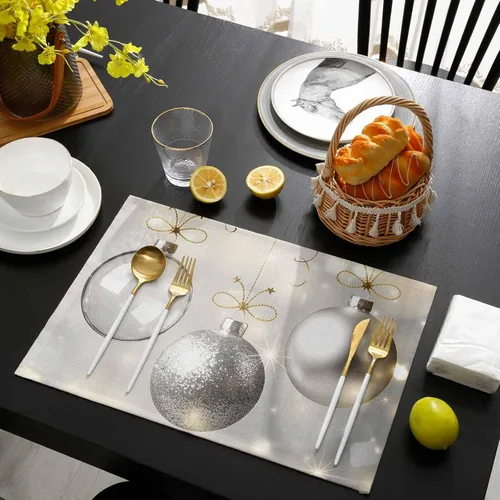 Miniatura 8 de Juego de 6 manteles individuales de bolas de Navidad para mesa de comedor, paño de lino de algodón para mesa cuadrada/rectangular/redonda